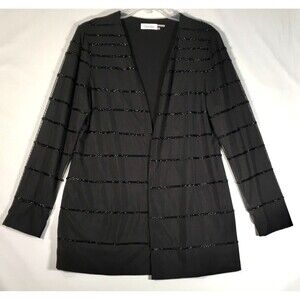 Calvin Klein Womens Large Black Poly Mesh Beaded Line Open Front Coat Cardigan